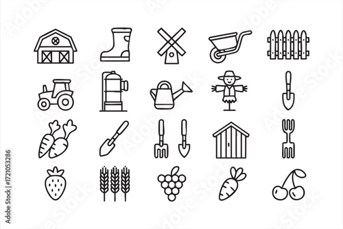 Vector illustrations of farm and countryside lifestyle icons with fruits and crops