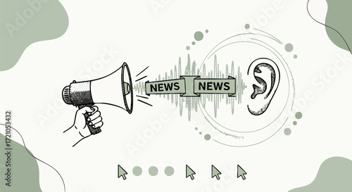 Illustration depicting news being broadcast through a megaphone and received by an ear.