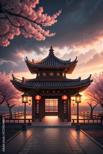 Wallpaper Mural Serene japanese pagoda amidst cherry blossoms at sunset Torontodigital.ca