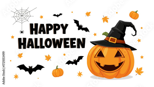 Spooky Season: A festive Halloween design featuring a cheerful jack-o'-lantern, bats, a spiderweb, and autumn leaves create a whimsical and spooky scene perfect for Halloween greetings.