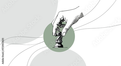 Hand holding chess knight piece with abstract background illustration.