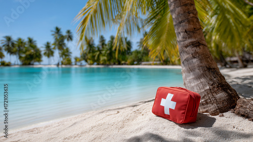 Red first aid kit placed on sandy tropical beach under palm trees, symbolizing travel safety, medical emergency preparedness and healthcare protection during vacations