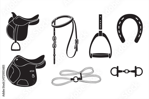 Riding equipment and equestrian symbols collection with stirrups and tack items