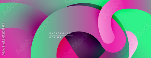 Abstract fluid shapes overlap, creating vibrant gradients. Pink, purple, green hues blend smoothly. Modern design element.