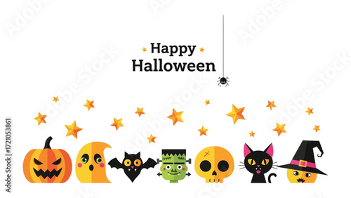 Happy Halloween Celebration: A whimsical assortment of Halloween icons, each with a distinct personality, create a festive border. Conjuring up a sense of seasonal wonder and delight.