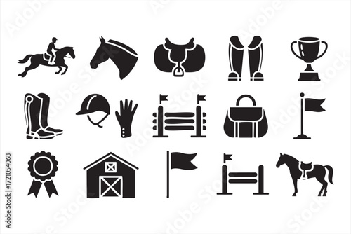Black silhouette equestrian sport icons with horse, rider and award illustrations