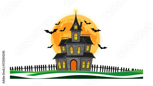 Spooky Halloween: A whimsical illustration of a haunted mansion silhouetted against a full moon and bats fluttering, evoking the eerie and festive spirit of Halloween night. 
