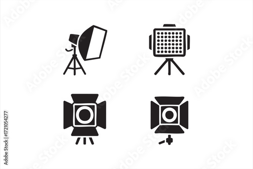 Photo shoot and video production vector symbols set of studio lighting equipment