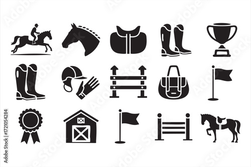 Equestrian horse riding sport icon set with saddle, boots, trophy and barn symbols