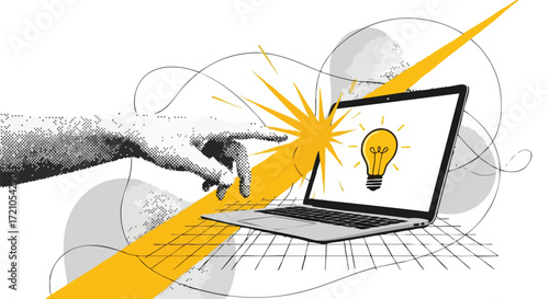 A hand reaching out to a laptop screen displaying a bright idea lightbulb, symbolizing innovation and digital creativity.
