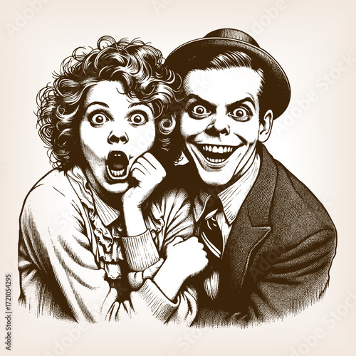 quirky couple, woman showing shock while man smiles widely, exaggerated comic expressions sketch engraving generative ai fictional character vector illustration. Scratch board. Black and white image.