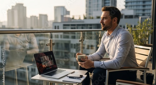 Man Enjoying Coffee on Balcony While Attending Virtual Meeting