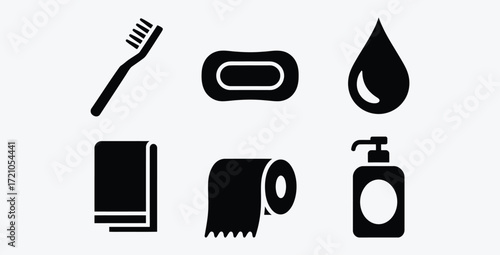 Minimalist Bathroom Icons Featuring Toiletries and Personal Care Elements