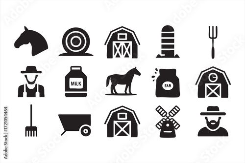 Agriculture vector symbols set with barnyard, horses, equipment and countryside use
