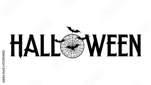 Spooky Halloween Typography with Bats and Web: A graphic black and white design for Halloween, featuring the holiday's name prominently displayed, interwoven with spooky bat and spiderweb.