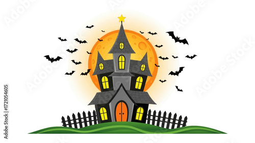 Spooky Halloween Manor: A spine-chilling manor under the orange hue of a Halloween night, with bats silhouette dancing across the moon, a visual feast perfect for Halloween celebration.