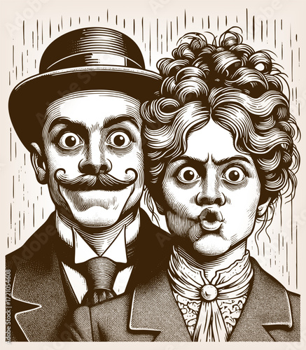 man with mustache and bowler hat beside woman with curly hair, making exaggerated comic faces sketch engraving generative ai fictional character vector illustration. Scratch board. Black and white.
