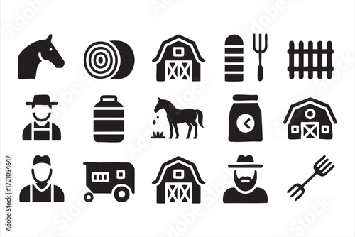 Farm horse and barn icon set with livestock, tools, silo and rural farming symbols