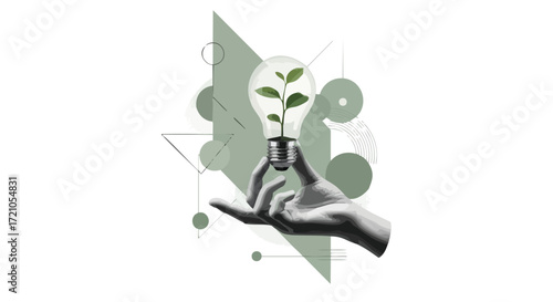 A hand holds a lightbulb with a green plant growing inside, symbolizing sustainable energy and new ideas.