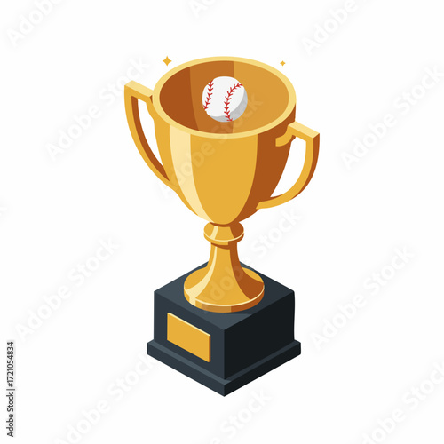 Isometric Golden Trophy with Baseball Ball Symbolizing Victory and Championship