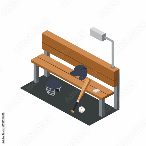 Isometric Detailed Baseball Dugout Scene with Equipment and Bench Illustration
