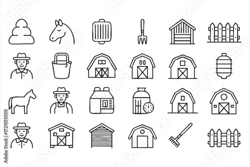 Black outline farming icons set with rural barns, silos and agriculture equipment