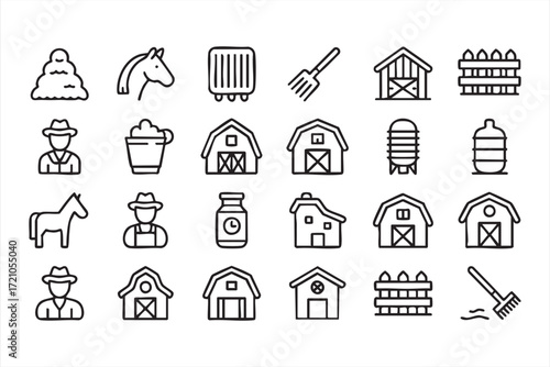 Line art agriculture icon collection of barns, farmer, horse and countryside items