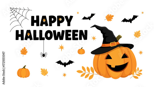 Halloween Pumpkin Illustration: This playful and spooky scene with a grinning jack-o'-lantern, a web of spiderwebs.