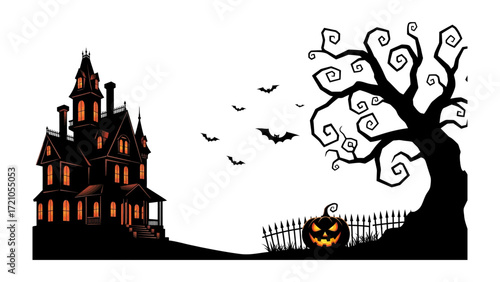 Haunted House Silhouette on Halloween: The ominous silhouette of a haunted house stands against a Halloween backdrop, complete with a jack-o'-lantern, spooky tree, and flying bats.