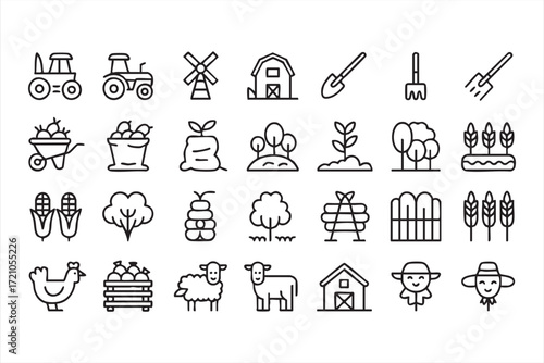 Vector design set of agriculture line icons with barn, tractor and farmer symbols