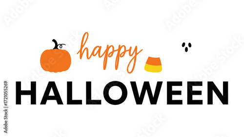 Happy Halloween Greeting: A festive Halloween greeting with orange pumpkin, and candy corn and a ghost against a backdrop, ideal for party invitations, seasonal greetings, or thematic design projects.