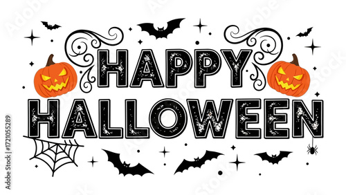 Happy Halloween: Spooky festive greeting features pumpkins, bats, spiderwebs, and stars on a textured background. Evoking a sense of excitement and joyful anticipation for this eerie celebration. 