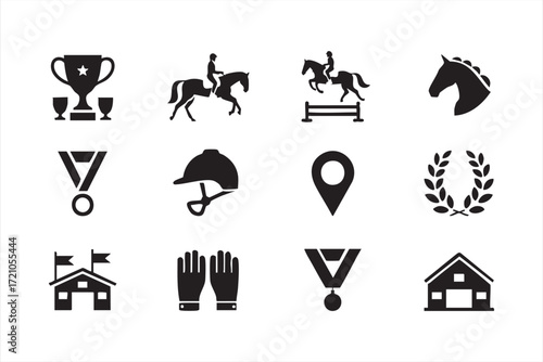 Horse sport and equestrian training symbols set, vector black silhouette icons