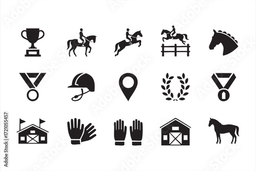 Black vector illustration pack of horse riding, trophy, medal and stable icons