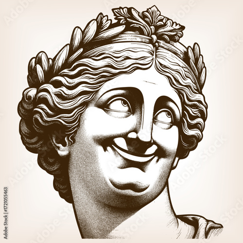 ancient Greek statue bust, featuring ornate hair, and an unusual smiling expression sketch engraving generative ai fictional character vector illustration. Scratch board. Black and white image.