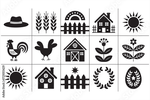 Agriculture and rural lifestyle icon pack with barn, harvest and rustic house designs