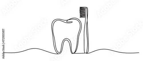 One continuous single drawing line art flat doodle dental, care, tooth, toothbrush, Line art. one line Icon drawing with white background