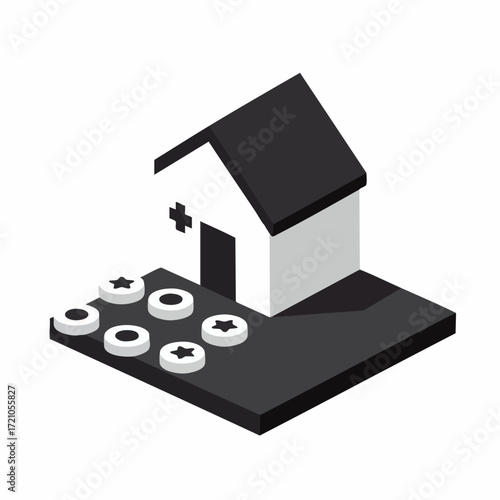 Isometric Minimalist House Building Structure with Garden and Simple Design