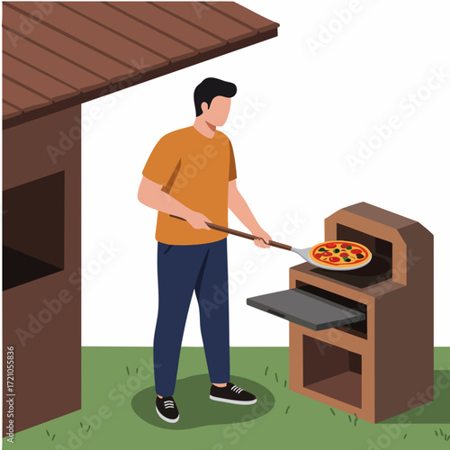 Flat Style Man Baking Pizza in Outdoor Brick Oven Illustration