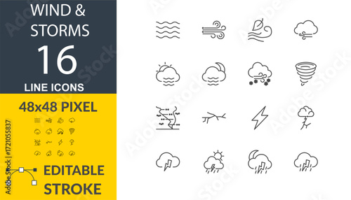 Wind and Storms Line Icon Set, 16 Editable Stroke Symbols, Weather, Wind, Cloud, Thunderstorm Minimal Outline Icons, Editable Thin Line Icons for Severe Weather and Meteorology, 48x48 Pixel Line set