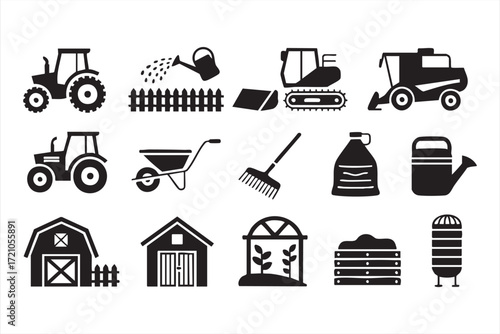 Black silhouette agriculture machinery set with tractors, harvesters and tools