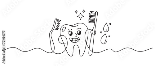 One continuous single drawing line art flat doodle dental, care, tooth, toothbrush, Line art. one line Icon drawing with white background