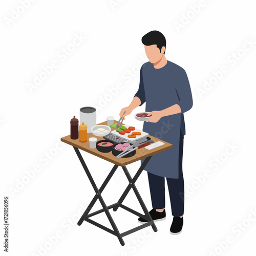Isometric Minimalist Man Preparing Korean Barbecue at Table Illustration
