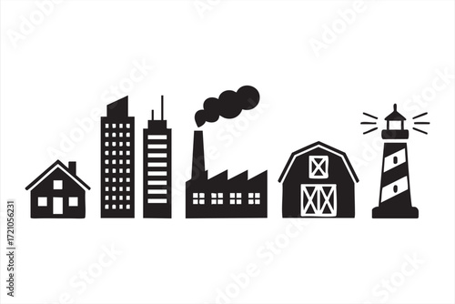 House, skyscraper, barn, factory and lighthouse icons pack for design concepts