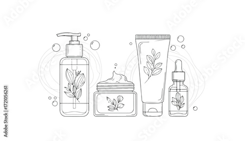 Line art illustration of four cosmetic containers with plant designs, including a pump bottle, jar, tube, and dropper bottle.