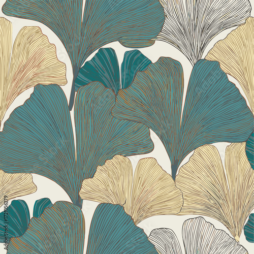 Illustration Feuillage de Ginkgo Couleurs Vert et Beige Nuances - Motif Fond Nature Végétal Mouvement