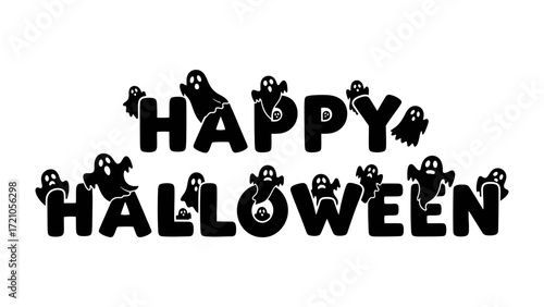Happy Halloween Greeting: A cheerful monochrome graphic spells out Happy Halloween, with playful ghost motifs adding a touch of spooky fun.