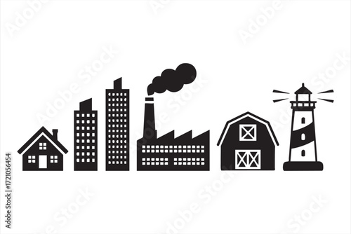 City, farm, and lighthouse vector icons set with industrial factory silhouette
