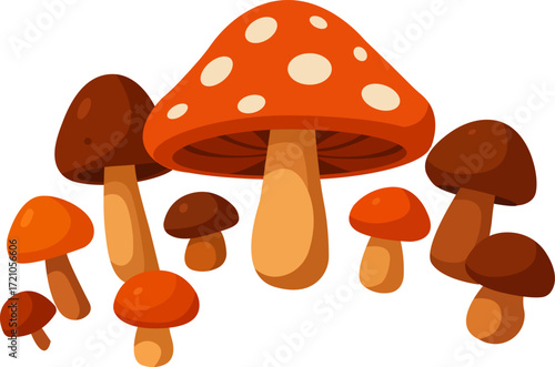 Vector illustration of autumn forest mushrooms, including fly agaric and brown caps. Seasonal flat design for nature, foraging, fairytales, and creative projects with woodland atmosphere.