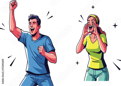 Excited man cheering victory, happy woman shouting with joy, celebrating success together, energetic couple expressing happiness, fun lifestyle illustration concept